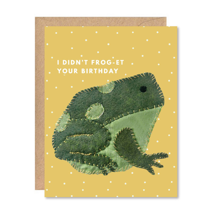 Birthday card with a frog illustration and text on a yellow background