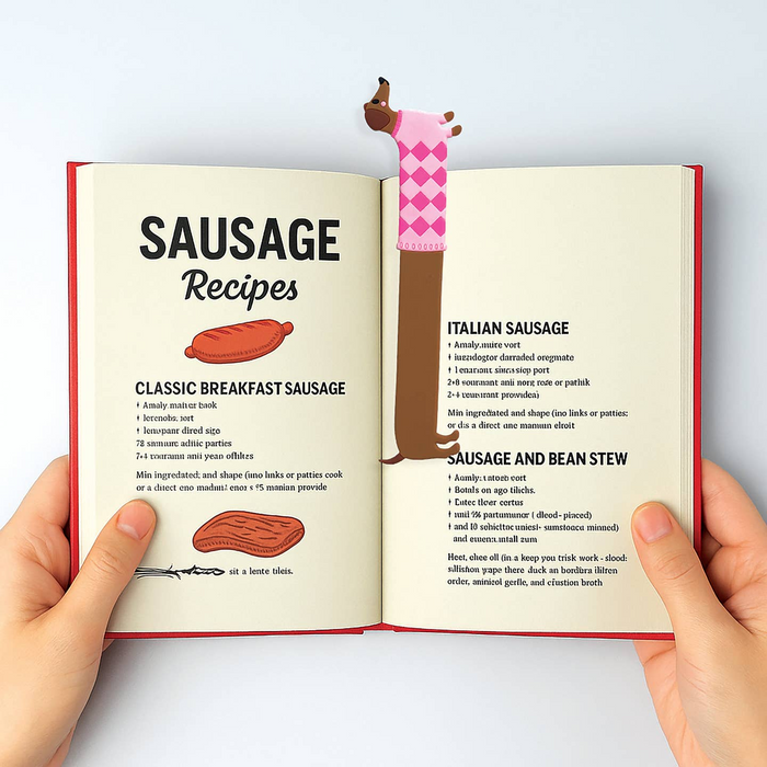Open book with 'Sausage Recipes' section, held open by a sausage-shaped bookend with a pink argyle sock.