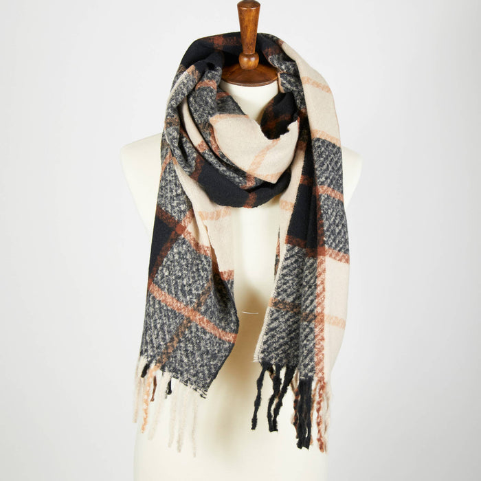 Kylie Windowpane Plaid Fringe Winter Scarf