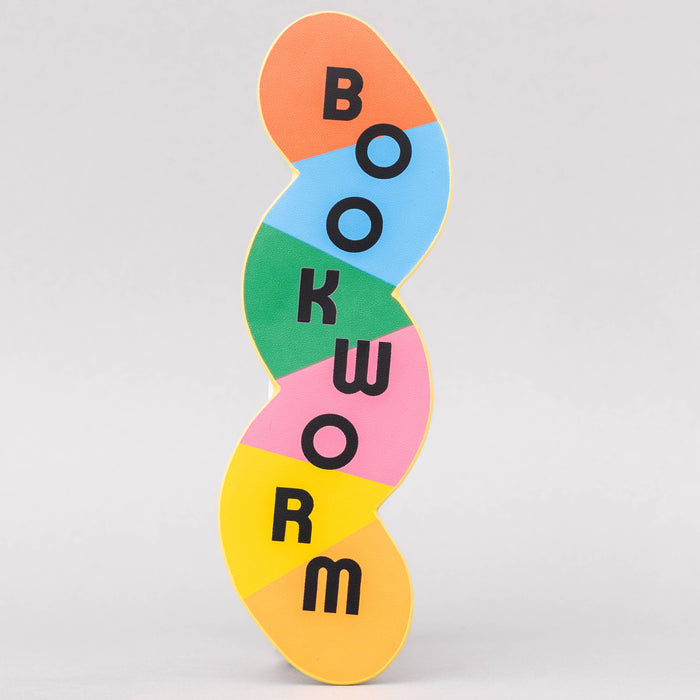 Colorful bookmark that says 'BOOKWORM' on a light gray background