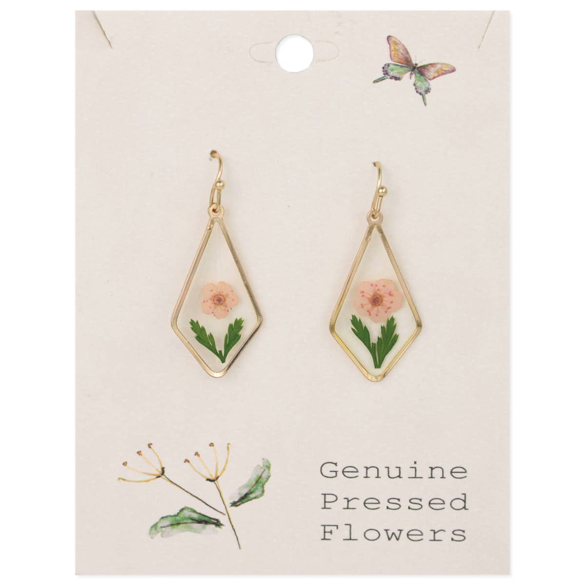Gold earrings with pressed flowers on a card labeled 'Genuine Pressed Flowers'.