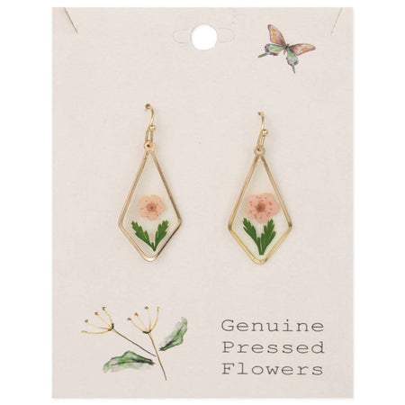 Gold earrings with pressed flowers on a card labeled 'Genuine Pressed Flowers'.