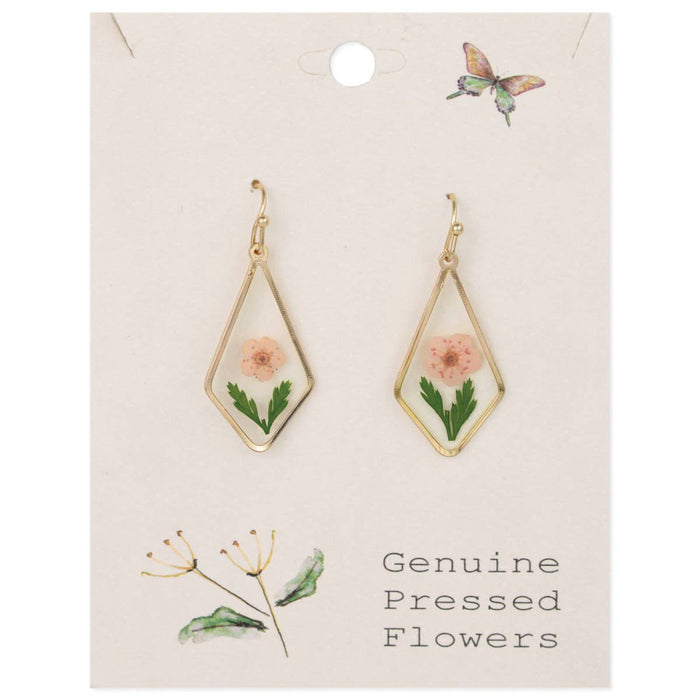 Gold earrings with pressed flowers on a card labeled 'Genuine Pressed Flowers'.
