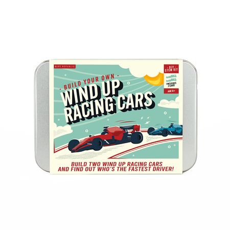 Tin box for building wind-up racing cars with racing car graphics on a white background