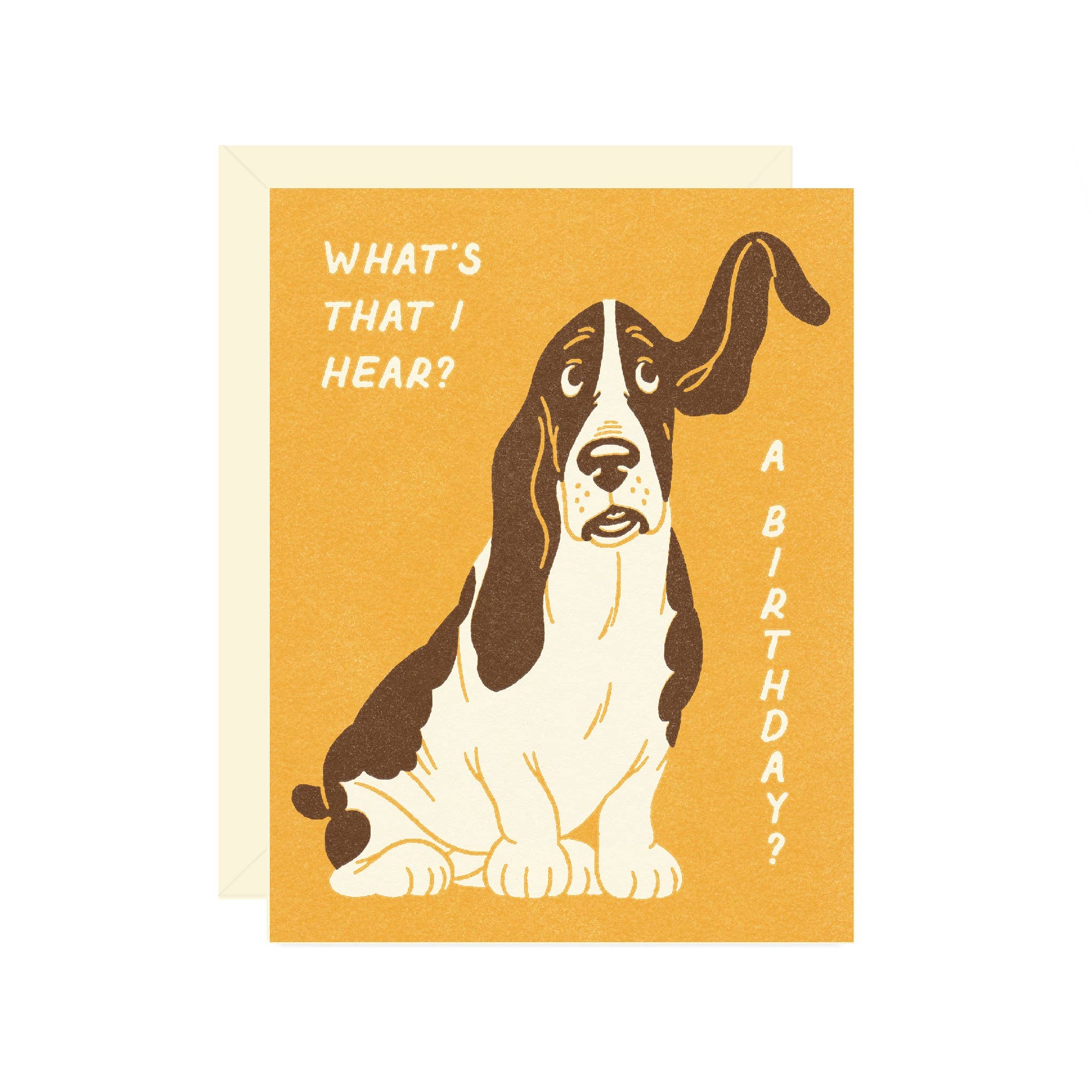 Birthday card with a dog illustration and text on an orange background