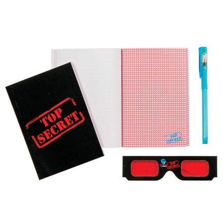 Set of 'Top Secret' themed stationery items including a notebook, glasses, and pen on a white background.