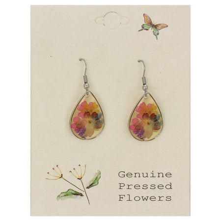 Teardrop-shaped earrings with pressed flowers on a card labeled 'Genuine Pressed Flowers'.