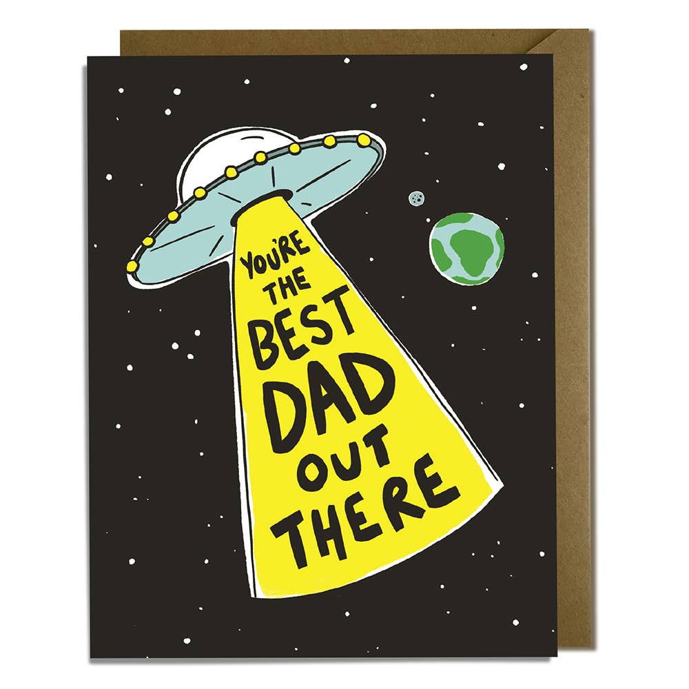 Greeting card with UFO design and 'You're the best dad out there' text on a space-themed background.