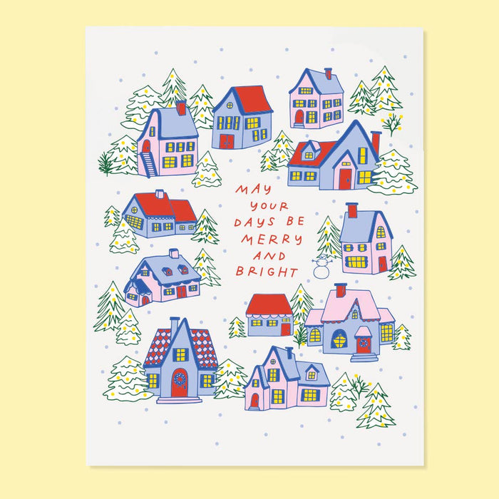 Illustration of colorful houses with a snowy landscape and text on a white background