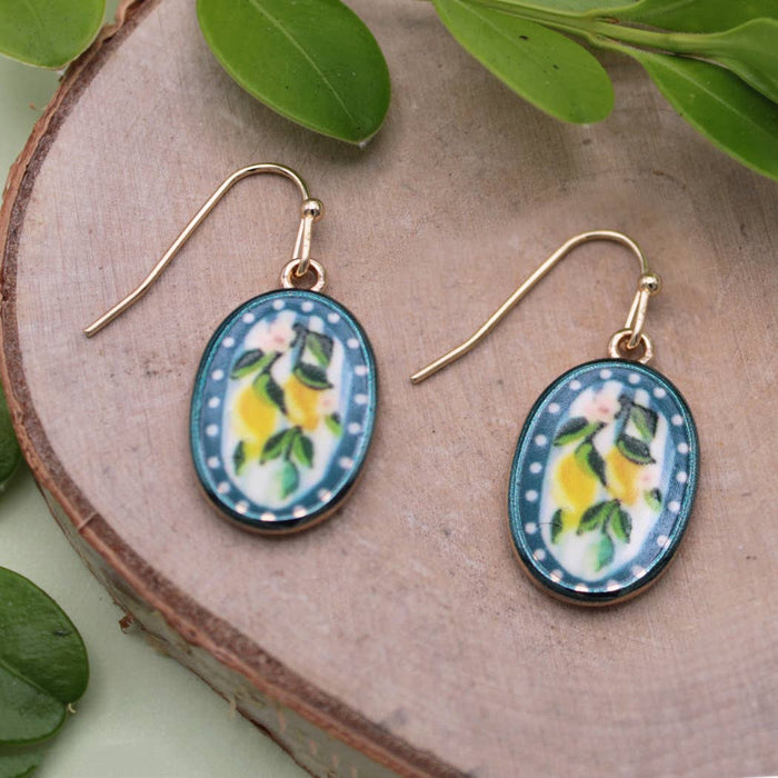 Lemon Branch Print Gold Oval Earrings