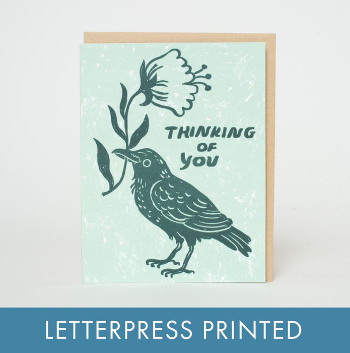 Thinking of You Crow Letterpress Greeting Card