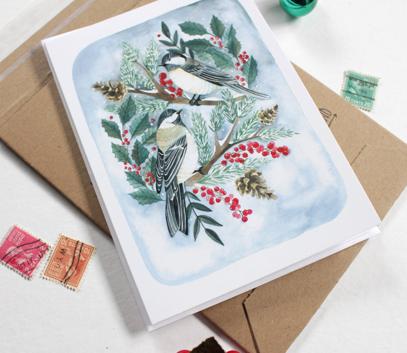 Holiday Card- Two Christmas Chickadees
