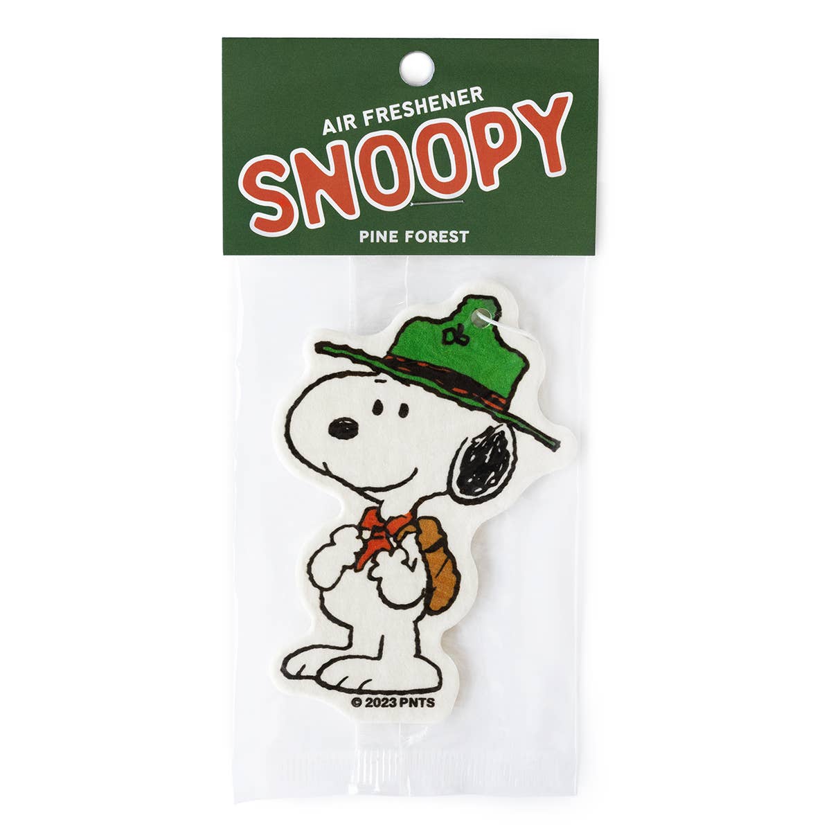 Snoopy air freshener with green hat and backpack on packaging