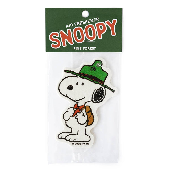 Snoopy air freshener with green hat and backpack on packaging