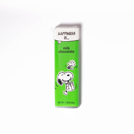 Green chocolate bar packaging with Snoopy illustration and 'Happiness is... milk chocolate' text on a white background