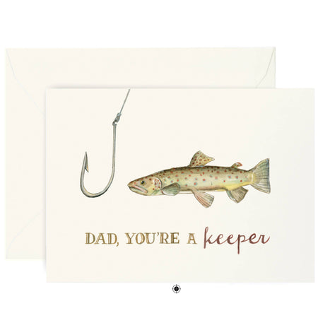 Card with fish on a hook and text 'Dad, you're a keeper' on a white background