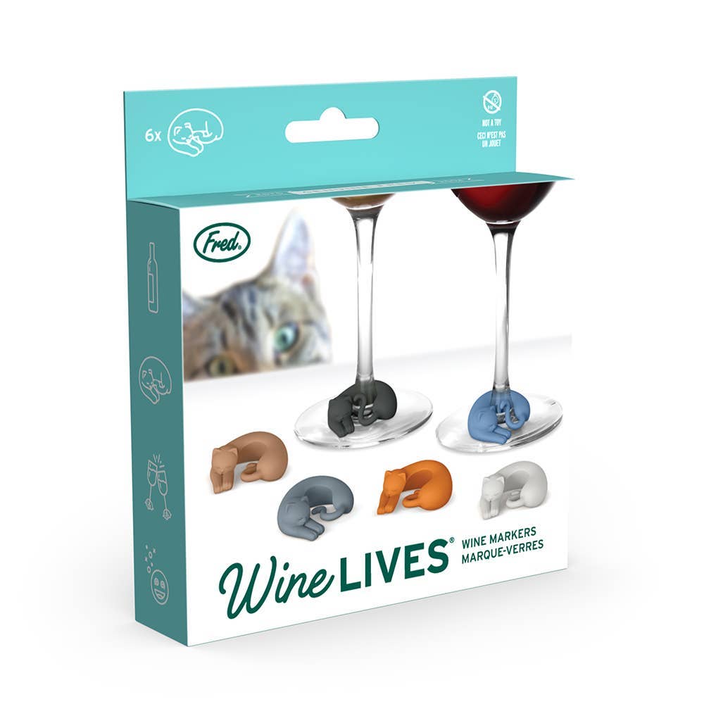 Packaging for 'Wine Lives - Cat Drink Markers' featuring six silicone wine glass markers in various colors with a cat illustration on the packaging.