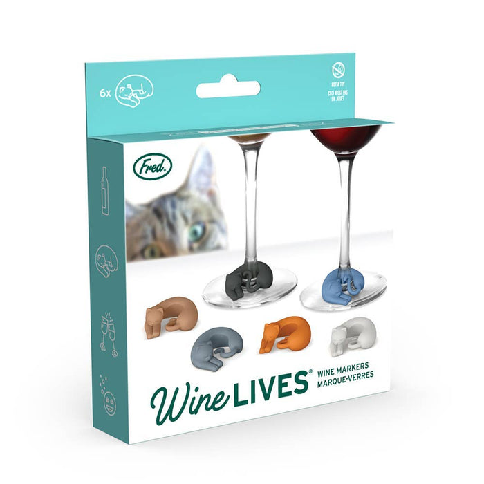 Packaging for 'Wine Lives - Cat Drink Markers' featuring six silicone wine glass markers in various colors with a cat illustration on the packaging.