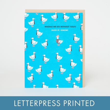 Greeting card with duck pattern on a blue background