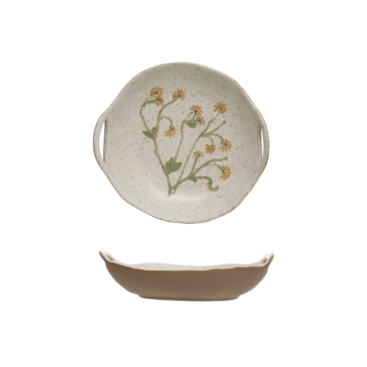 Ceramic dish with floral design on a white background