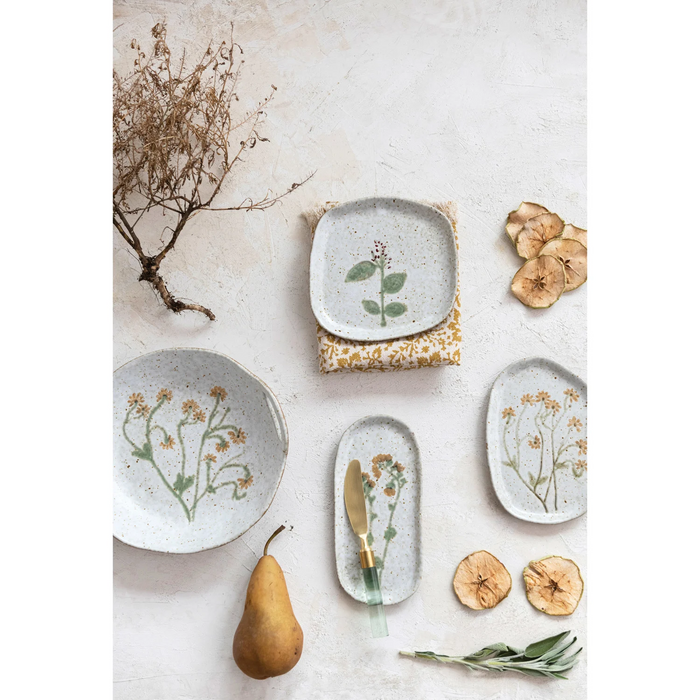 Hand-painted Botanical Stoneware Bowl With Handles
