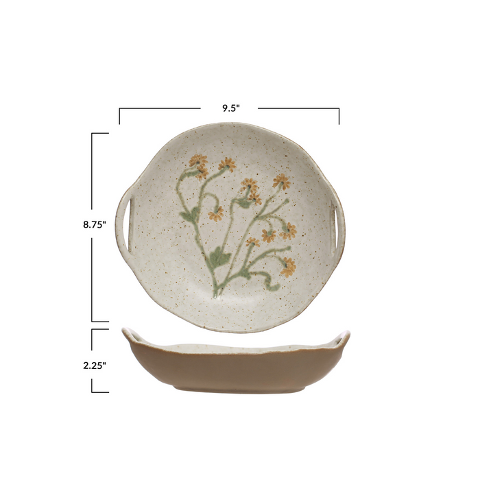 Hand-painted Botanical Stoneware Bowl With Handles