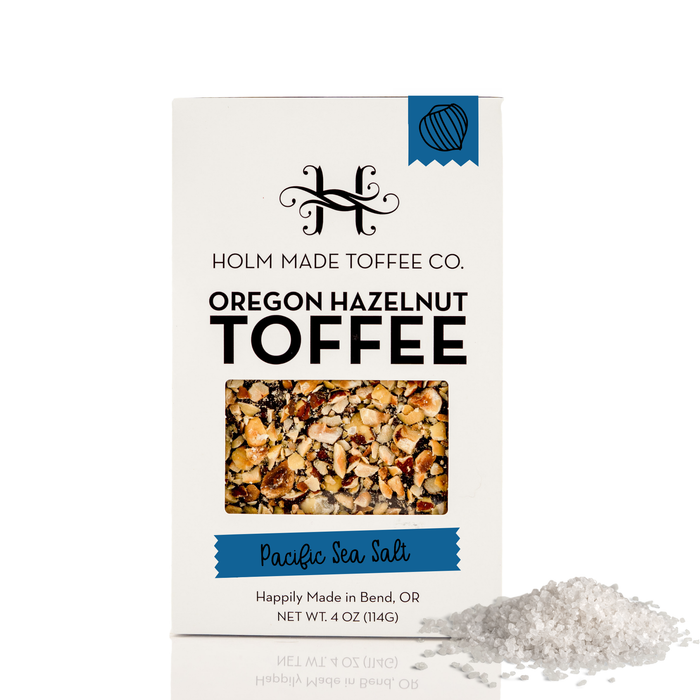 Box of Holm Made Toffee Co. Oregon Hazelnut Toffee with Pacific Sea Salt on a white background