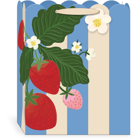 Large gift bag with strawberry design on a blue and beige striped background