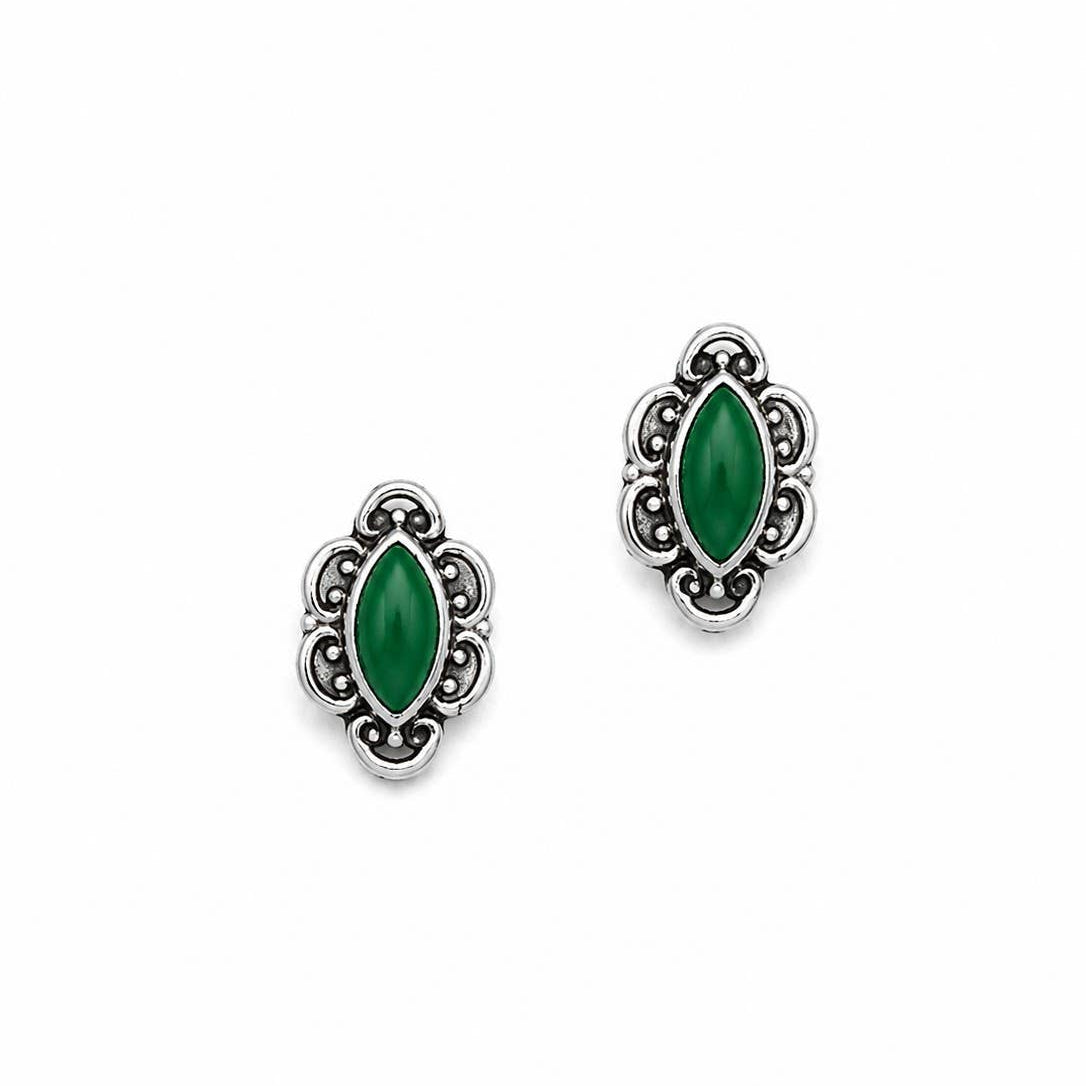 Pair of silver earrings with green gemstones on a white background