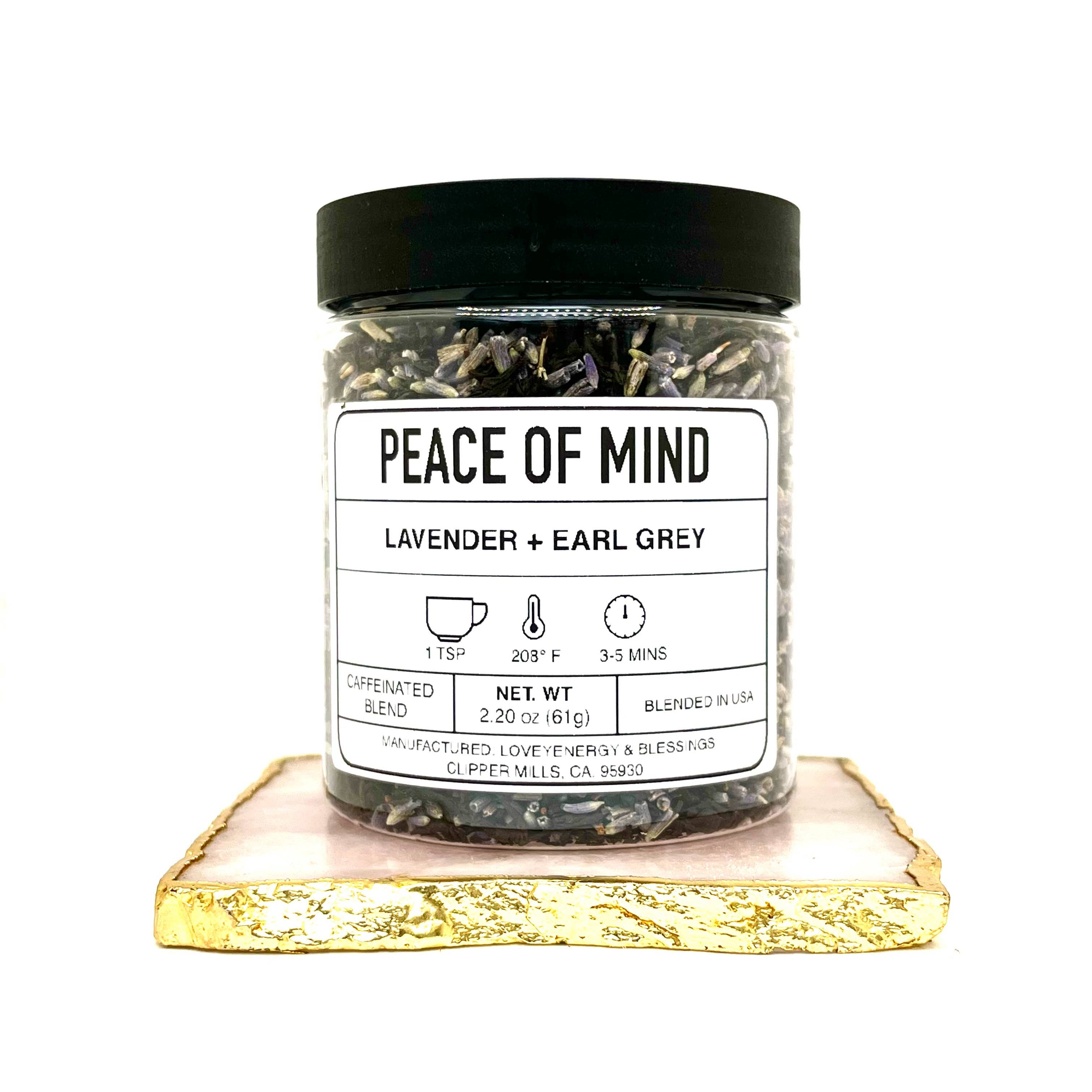 Jar of 'Peace of Mind' lavender and earl grey on a white background