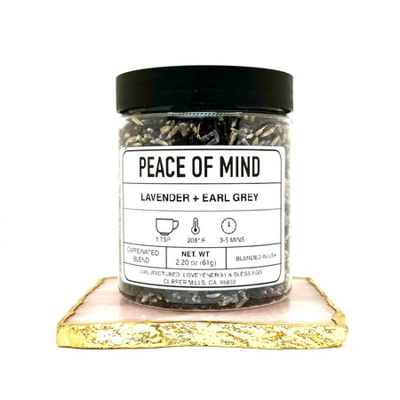 Jar of 'Peace of Mind' lavender and earl grey on a white background