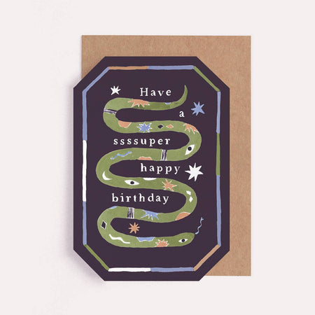Birthday card with a snake illustration and text on a brown envelope