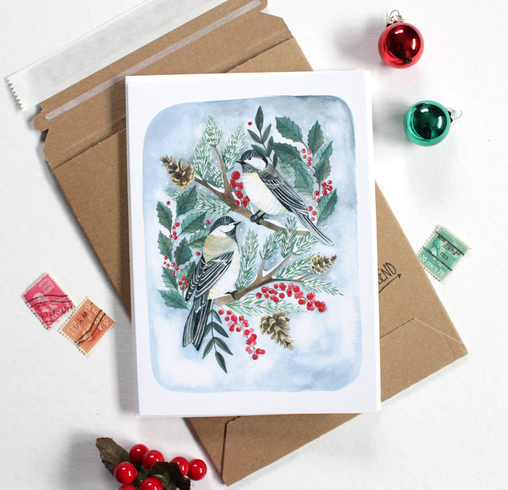 Holiday Card- Two Christmas Chickadees