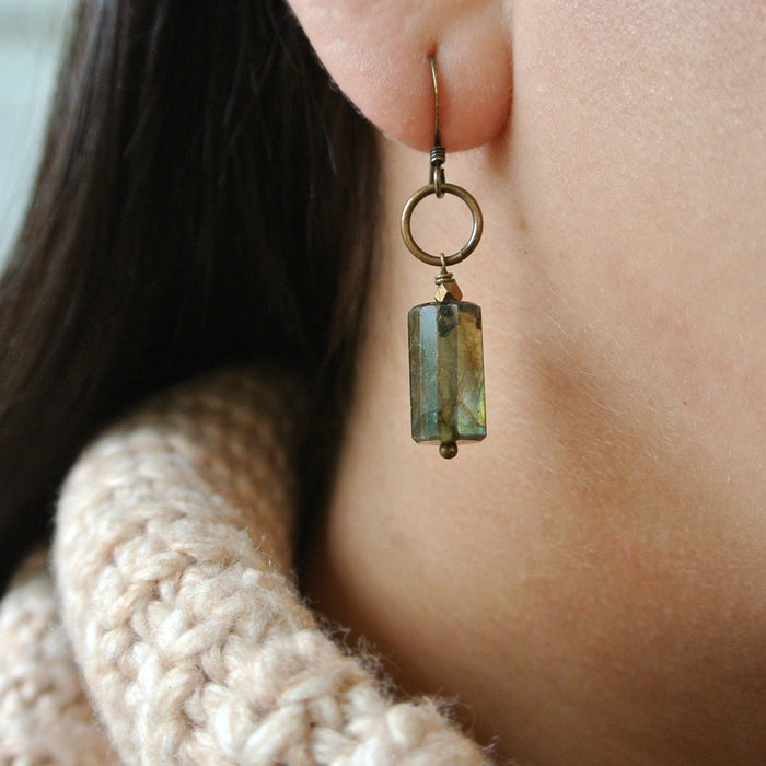 Labradorite Cylinder Stone Ringlet Earrings