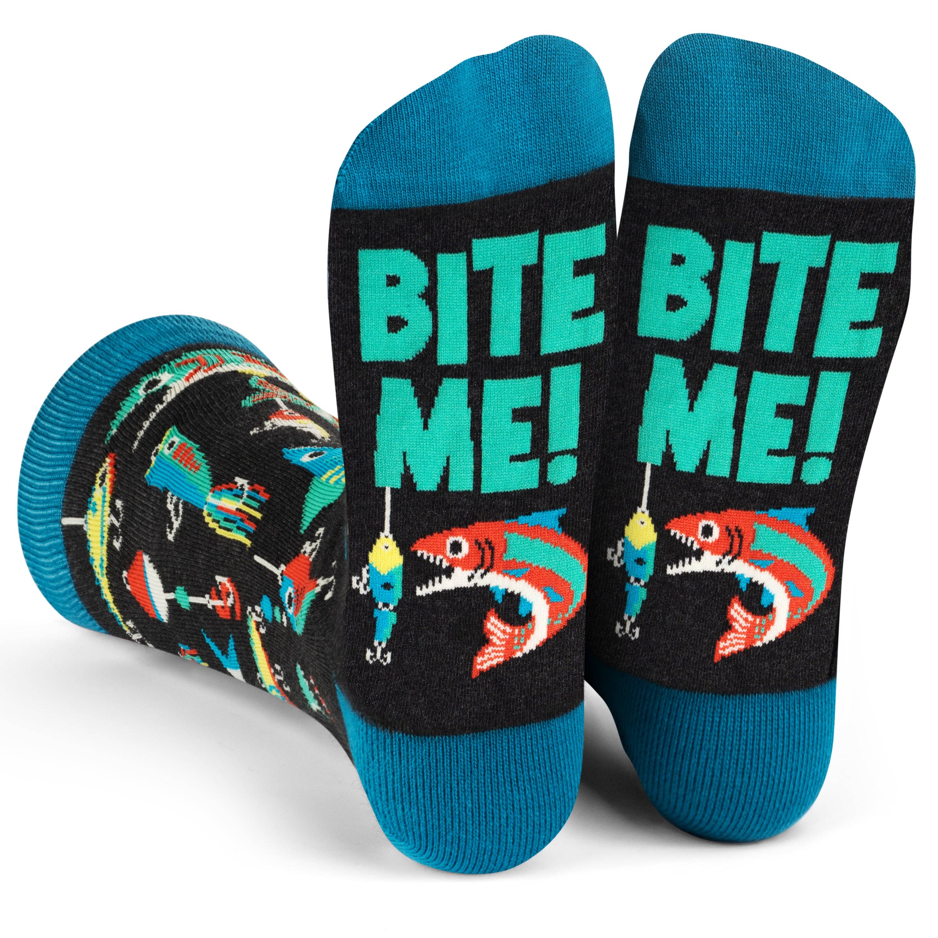 Pair of socks with 'BITE ME!' text and fish design on a white background