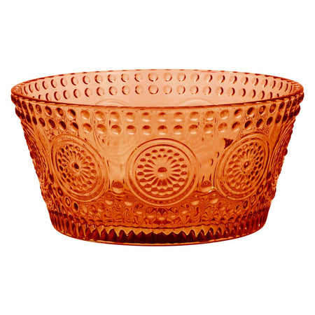 An amber-orange patterned glass bowl with embossed circular medallions and a beaded rim, shown against a plain white background.