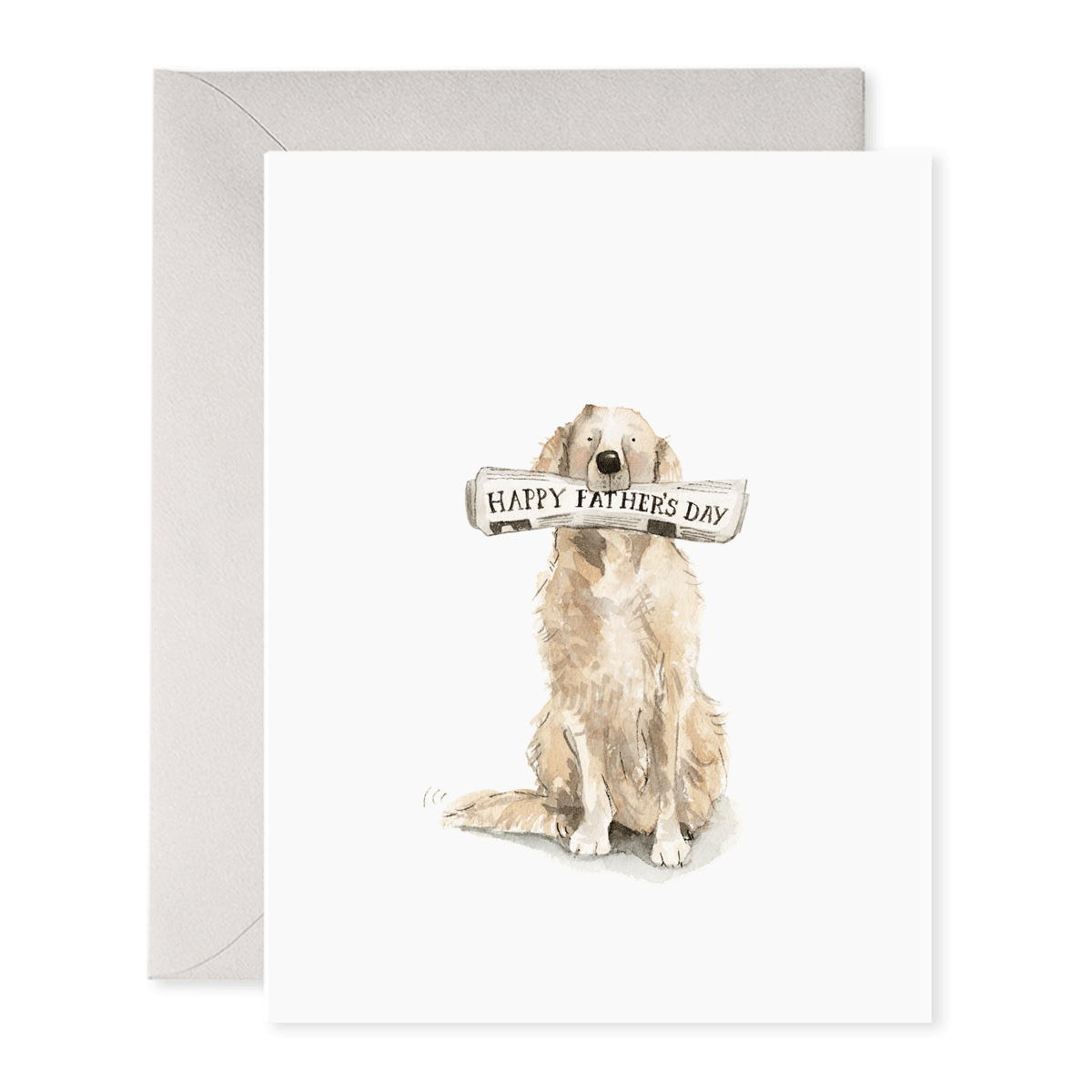 Greeting card with a dog holding a 'Happy Father's Day' sign on a white background