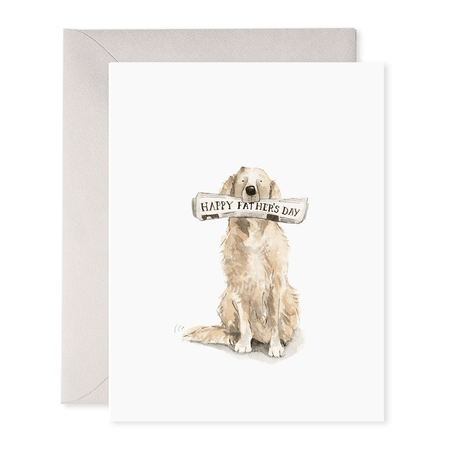 Greeting card with a dog holding a 'Happy Father's Day' sign on a white background