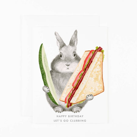 Illustration of a rabbit holding a sandwich with text on a white background