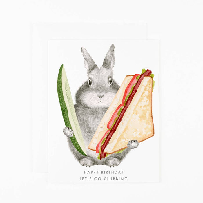 Illustration of a rabbit holding a sandwich with text on a white background