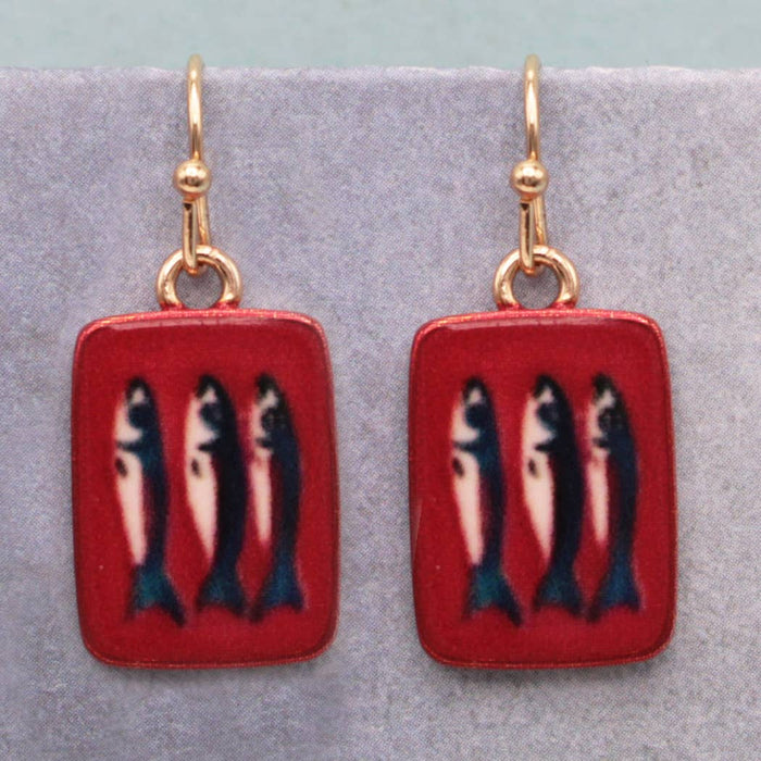 Tin of Sardines Fish Print Red Gold Earrings