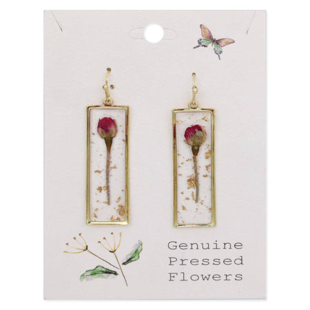 gold bar earrings featuring a dark pink pressed flower, displayed on a white card