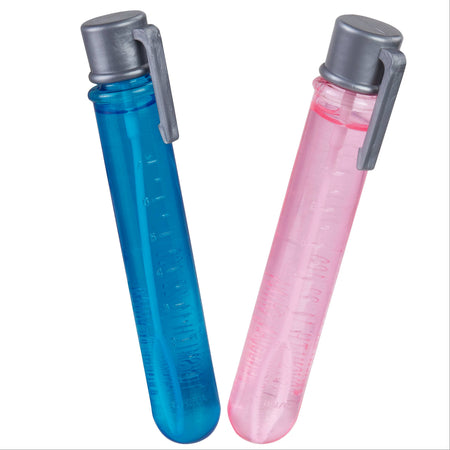 Two bubble wands, one pink and one blue, standing upright.