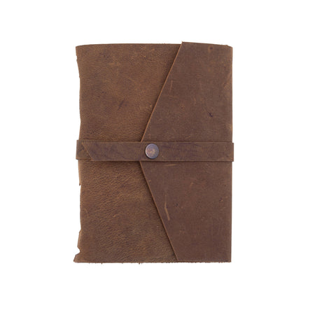 Brown leather notebook with a button closure on a white background