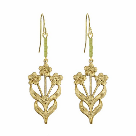 Gold floral earrings on a white background
