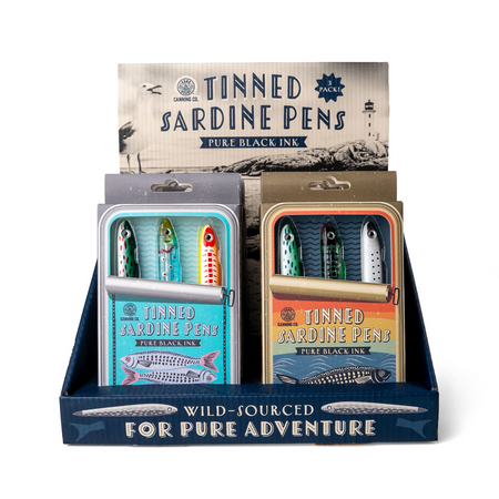 Tinned Sardine Pens packaging with pens displayed in a box.