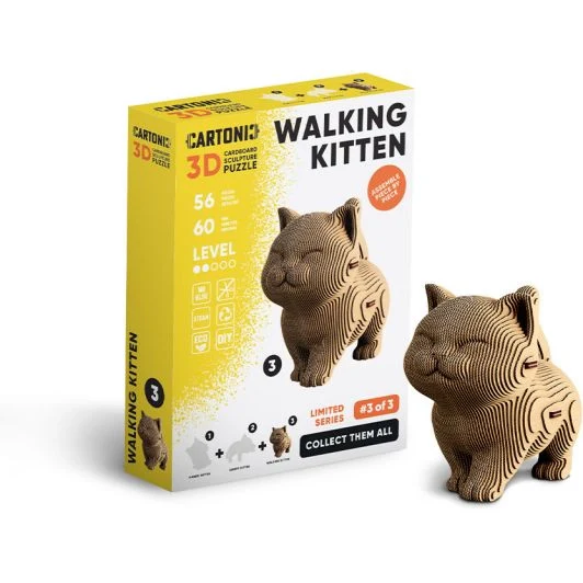 Cartonica Walking Kitten 3D puzzle packaging with a cardboard cat model on a white background