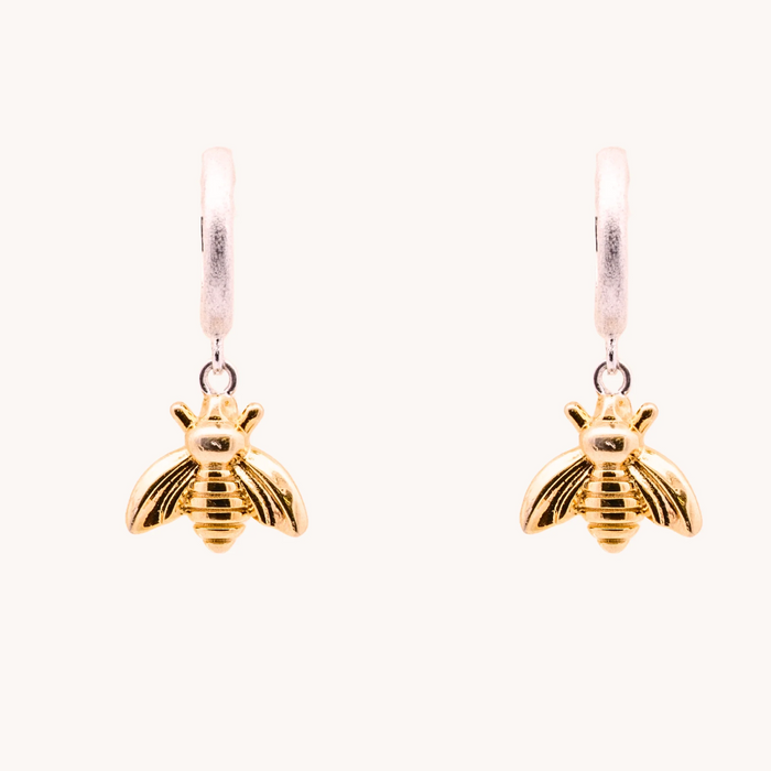 Pair of Bumbling Bee Gold Loops earrings with detailed gold-tone bee charms suspended from slim loops.