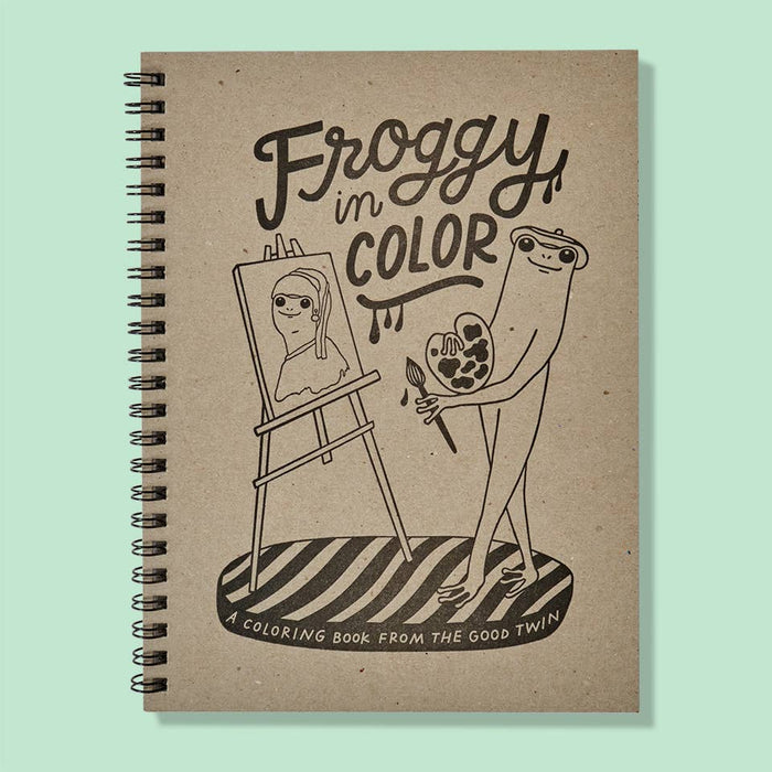 Notebook with 'Froggy in Color' illustration on a light green background