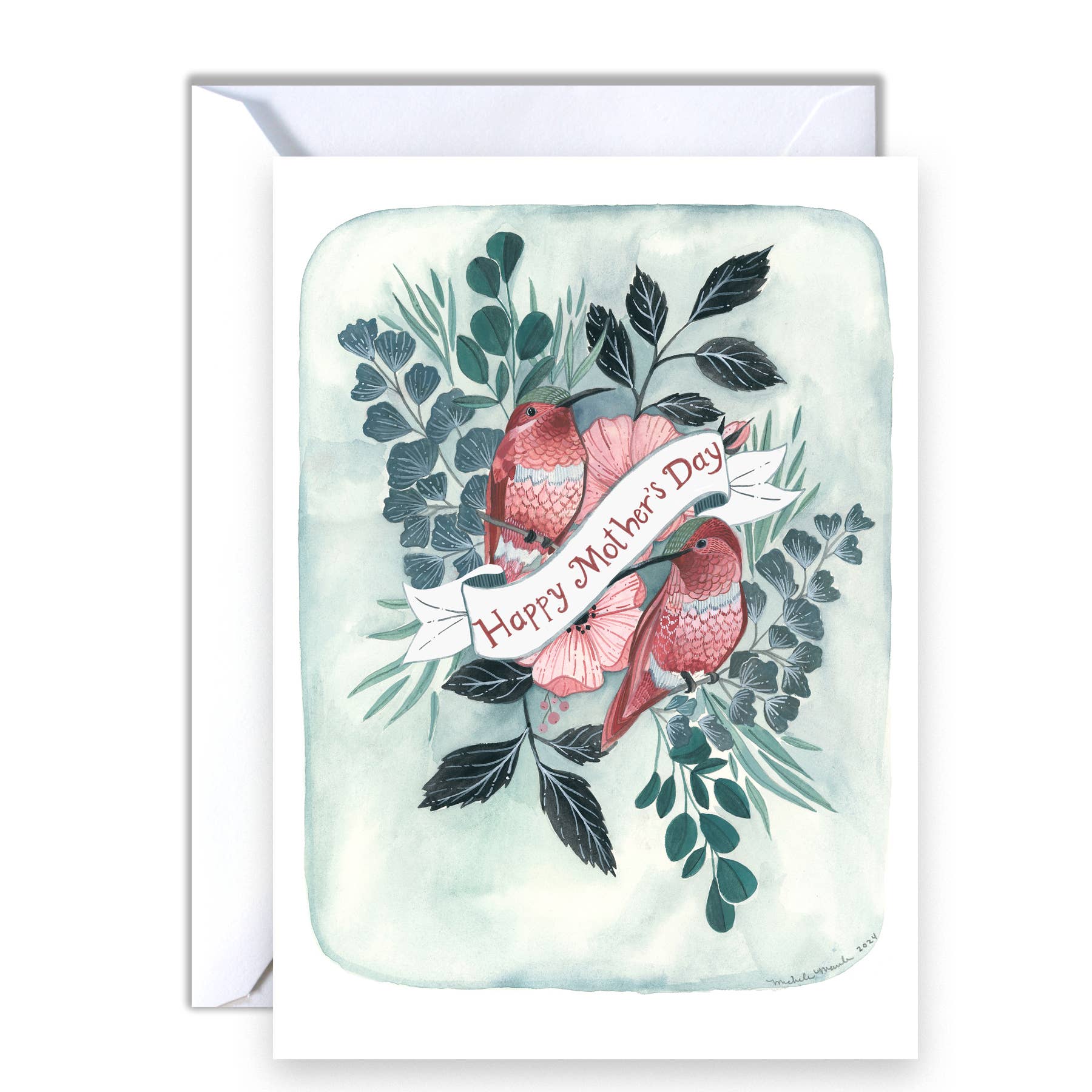 Greeting card with birds and foliage design, featuring 'Happy Mother's Day' text.